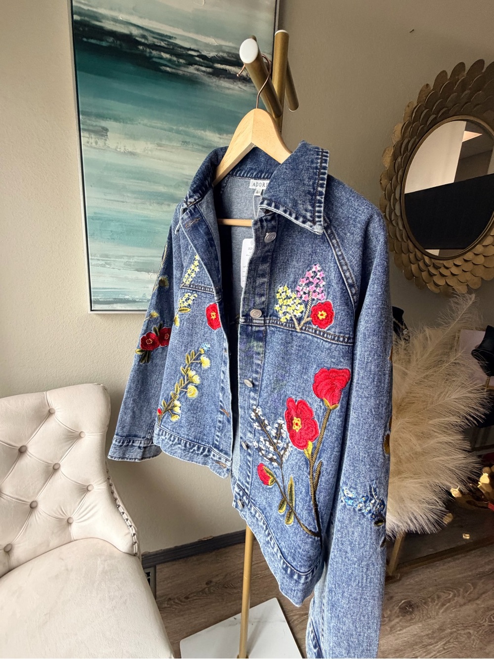 Adore XL Floral Embroidered Denim Jacket Boutique Statement Piece NWT - Picture 5 of 16